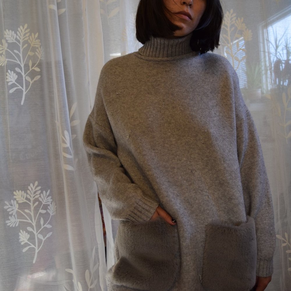 Turtleneck Tunic w/ Faux Fur Pockets